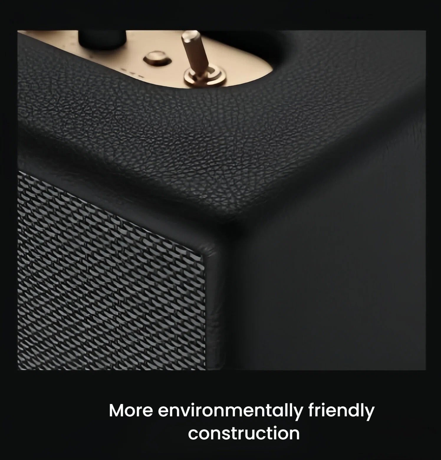 Close-up of the Marshall Woburn III’s environmentally friendly vinyl wrap and textured grille, combining sustainable materials with iconic Marshall styling.