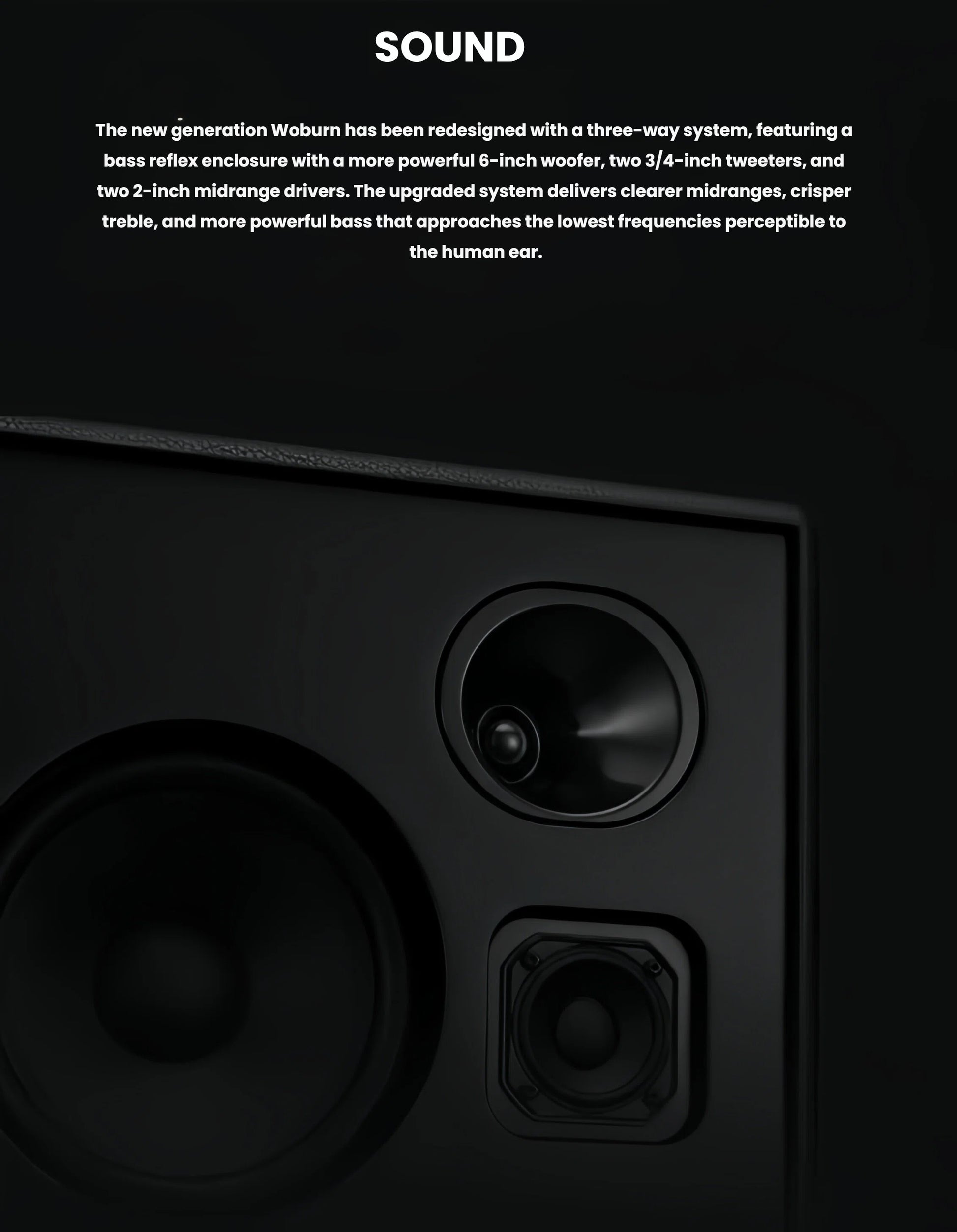 Close-up of the Marshall Woburn III’s 3-way driver layout: 6-inch woofer, dual 3/4-inch tweeters, and dual 2-inch midrange drivers for immersive, room-filling audio.