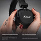 Detailed close-up of Marshall Major IV earcup showing multi-directional control button, gold accent, and text highlighting over 80 hours of wireless battery life with fast charging support.