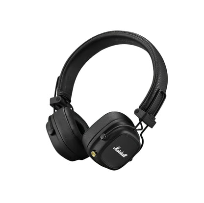 Side-angle shot of Marshall Major IV wireless on-ear headphones highlighting the iconic Marshall script logo, ergonomic design, and matte black finish with gold hardware details.