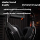  Close-up of the black ASTRO A50 X ear cup and headband, showcasing the premium materials and orange accent lighting.