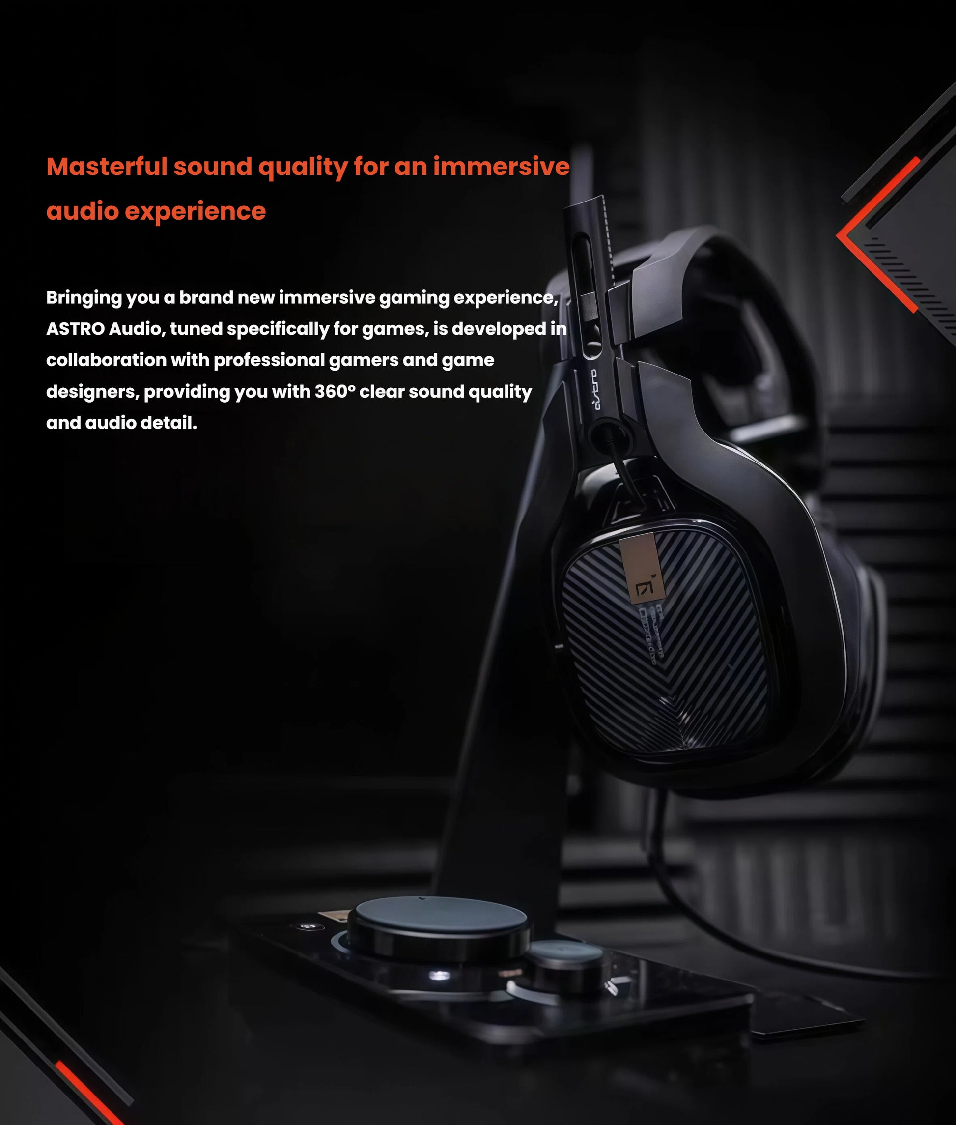 Lifestyle shot of the A40 TR resting on a stand beside a MixAmp, showcasing its pro-tuned drivers and 360° positional audio developed with esports athletes.