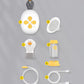 Top-down view of Medela Solo single breast pump kit including: A) motor unit, B) breast shield, C) valve assembly, D) 150ml bottle, E) bottle stand, F) tubing, G) USB charging cable. All parts laid out neatly on gray background.