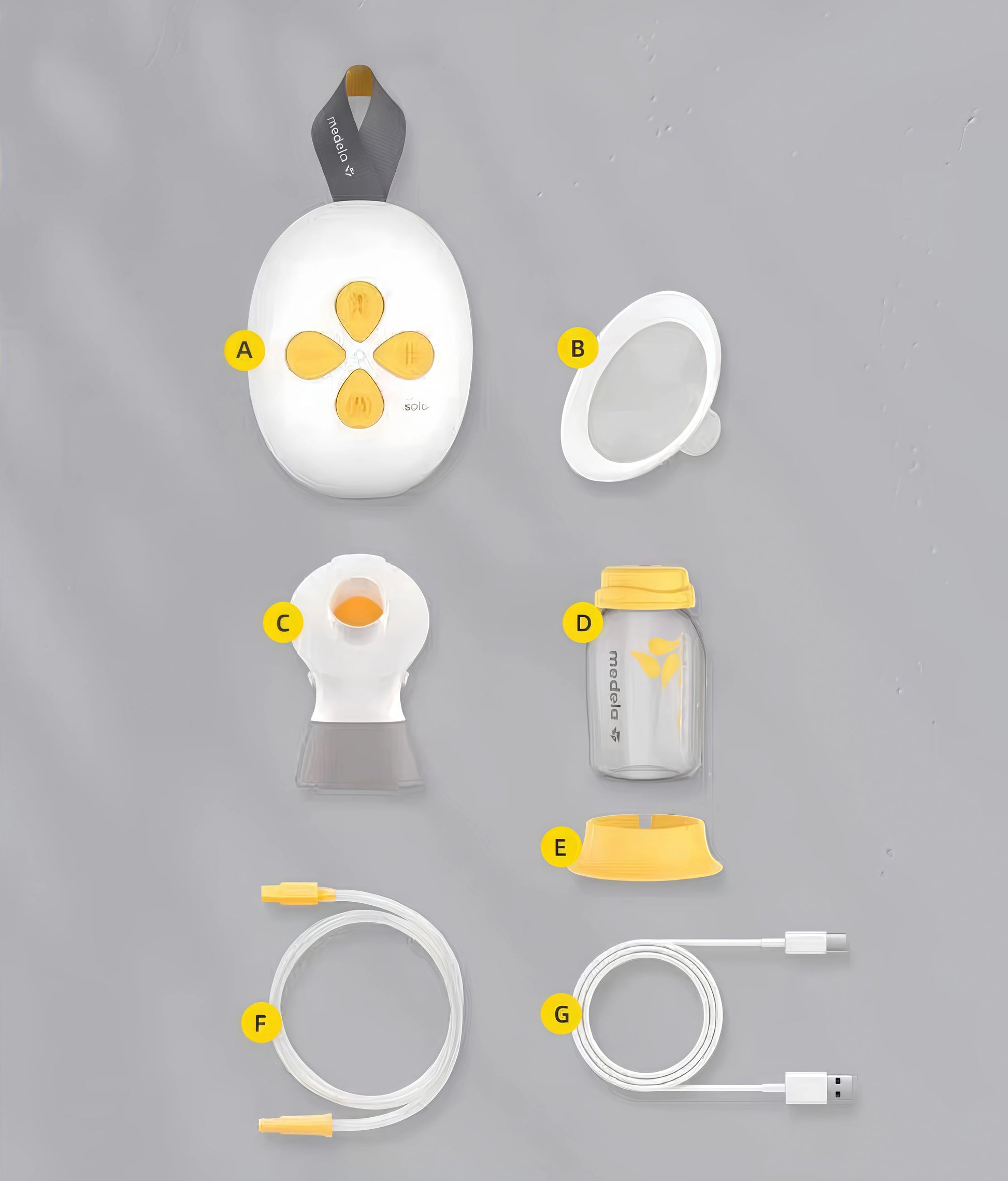 Top-down view of Medela Solo single breast pump kit including: A) motor unit, B) breast shield, C) valve assembly, D) 150ml bottle, E) bottle stand, F) tubing, G) USB charging cable. All parts laid out neatly on gray background.