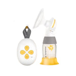 Front view of Medela Solo single electric breast pump with motor unit (white with yellow buttons) and assembled pump set (clear bottle, white shield, yellow base). Designed for efficient, quiet milk expression.