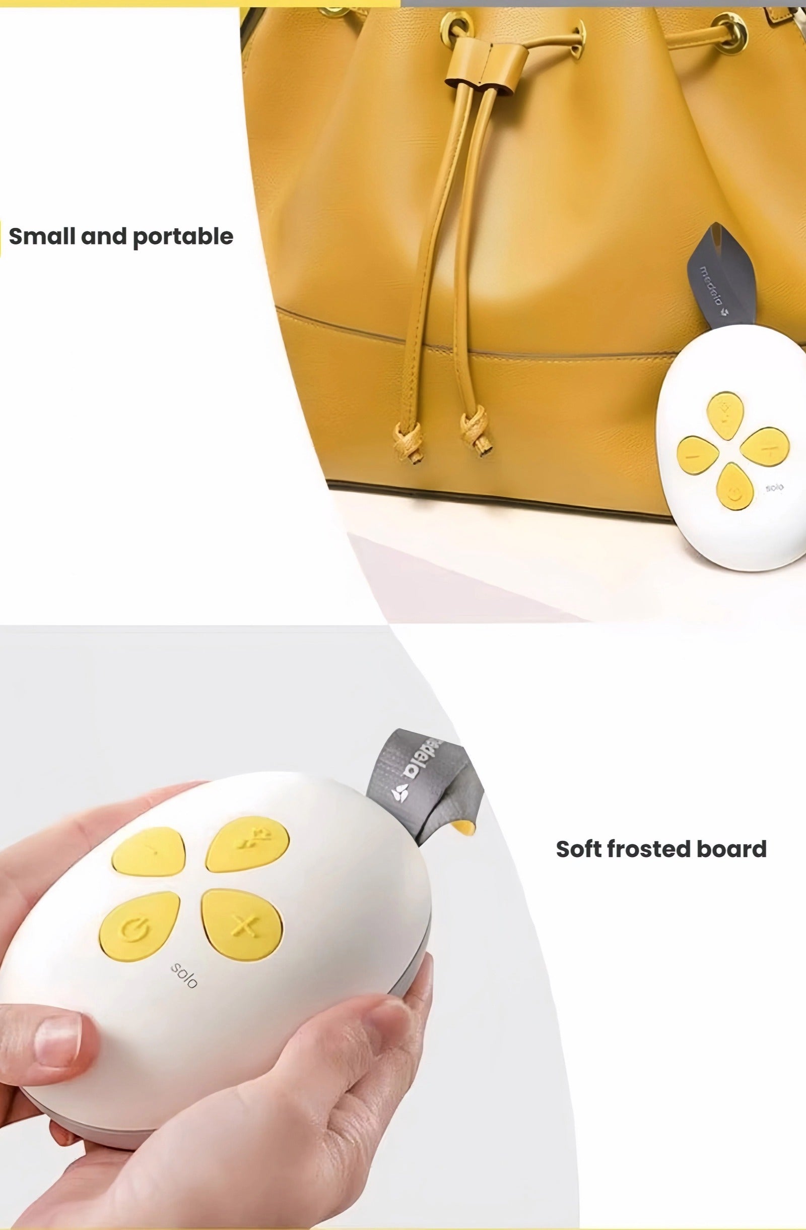 Medela Solo single electric breast pump shown beside a handbag and held in hand. Features soft frosted finish, lightweight design, and compact size ideal for travel and daily use.convenience.