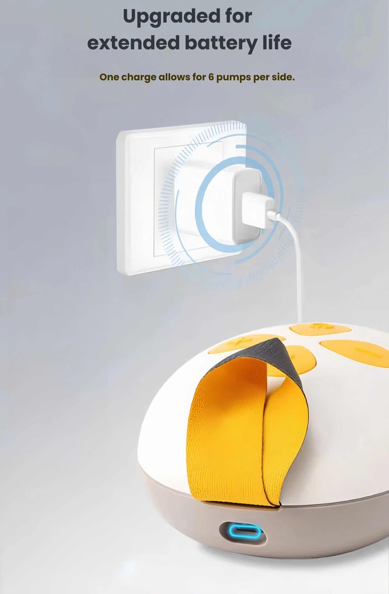Close-up of Medela Solo breast pump being charged via USB-C port. One charge allows up to 6 pumping sessions per side. Highlighting upgraded battery life and cordless convenience.