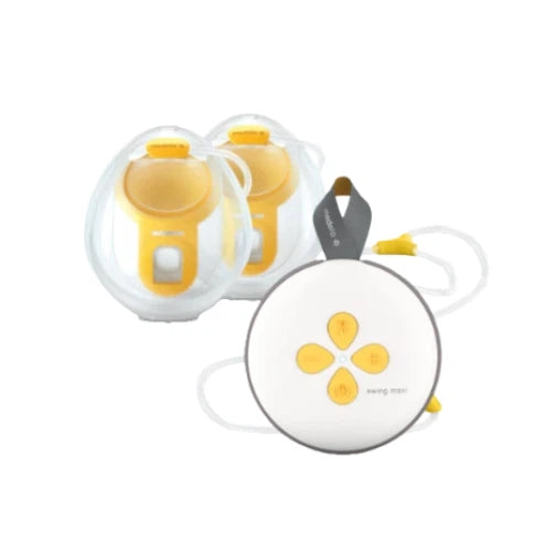 Medela Swing Maxi hands-free double electric breast pump featuring compact motor unit, two transparent bottles with yellow flanges, and flexible tubing. Designed for comfortable, efficient milk expression at home or on the go.