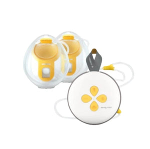 Medela Swing Maxi hands-free double electric breast pump featuring compact motor unit, two transparent bottles with yellow flanges, and flexible tubing. Designed for comfortable, efficient milk expression at home or on the go.