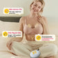 Woman wearing Medela Swing Maxi hands-free breast pump inside her bra. Features include only 76g per side, 105° wide-angle lens protection, and easy 2-step disassembly for cleaning.