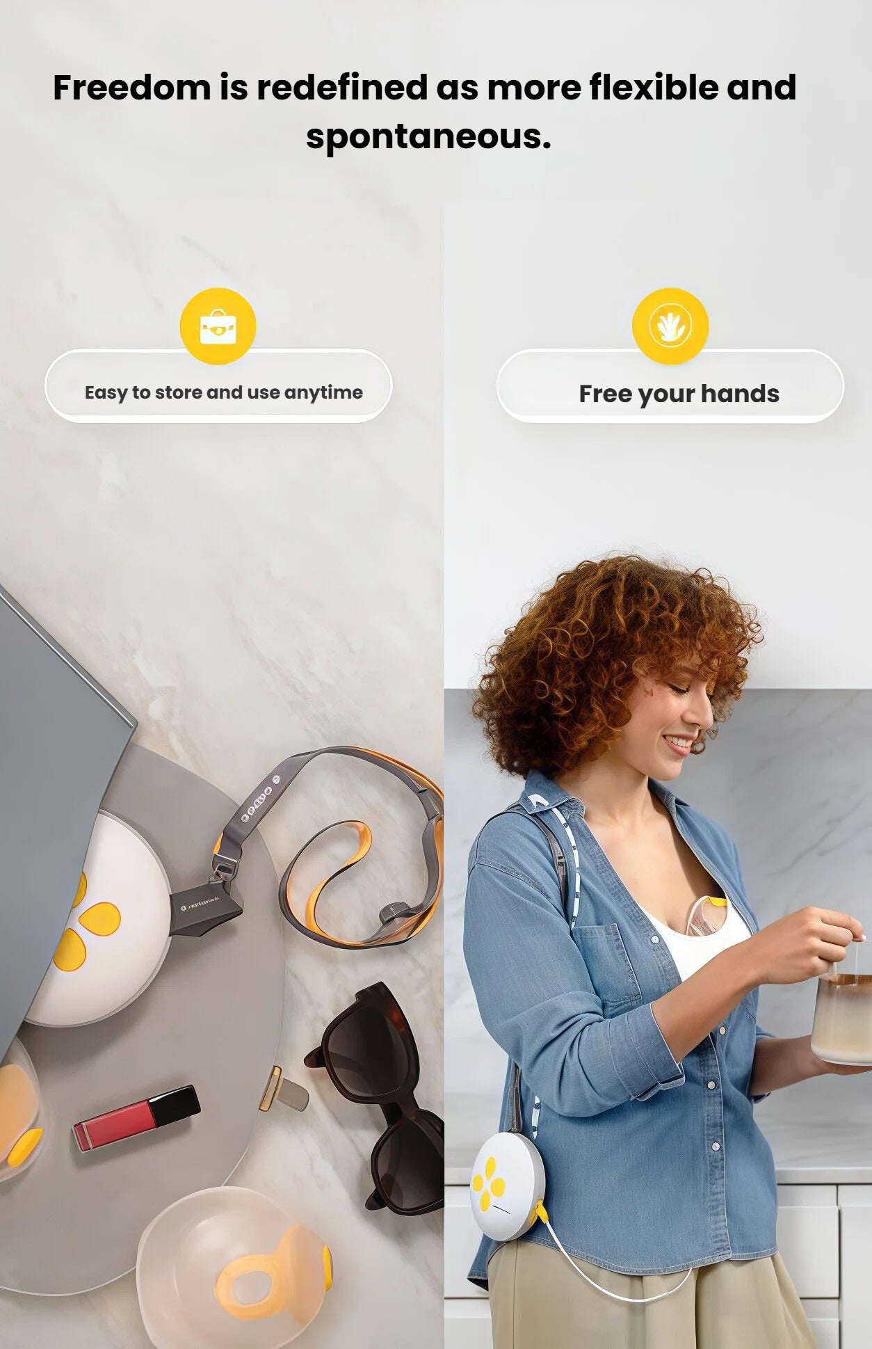 Split image showing Medela Swing Maxi stored in a bag with sunglasses and laptop, and woman carrying it clipped to her shirt while holding a coffee cup. Emphasizes freedom, flexibility, and spontaneous use.