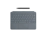 Top view of the Microsoft Surface Pro 12-inch keyboard cover in gray, featuring a full-sized backlit keyboard, integrated trackpad, and included Slim Pen for precise note-taking and drawing on Windows tablets.
