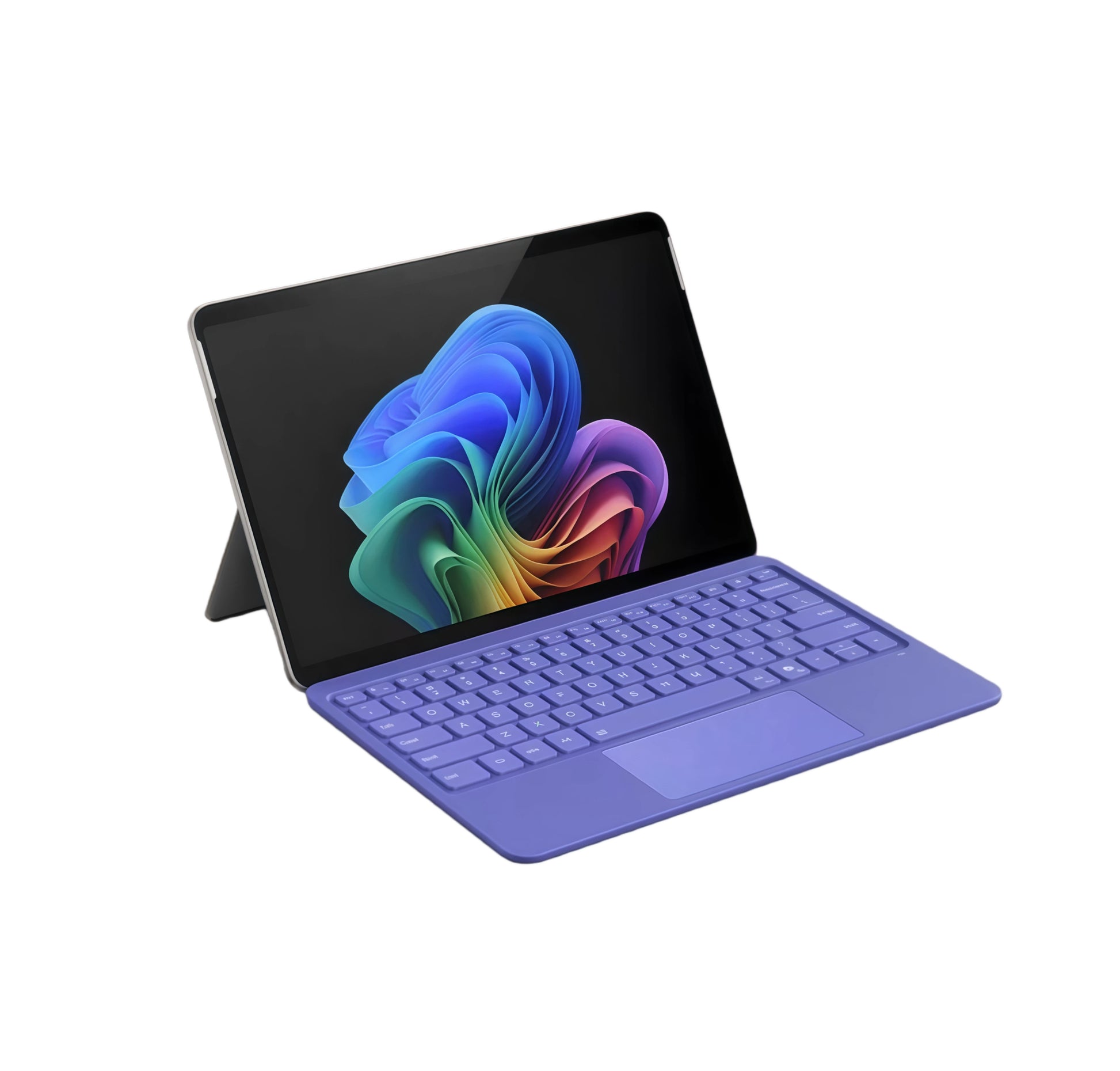 Full view of the Microsoft Surface Pro tablet connected to its 12-inch keyboard cover in vibrant purple, displaying a colorful Windows wallpaper, ready for seamless typing, browsing, and creative tasks.