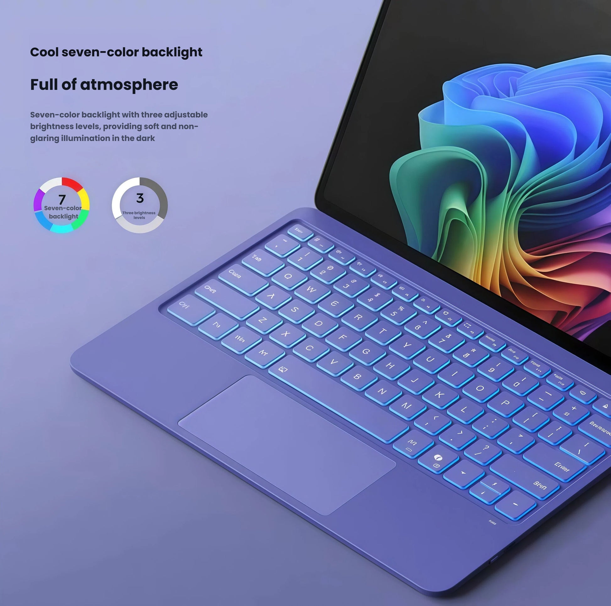 Close-up of the Microsoft Surface Pro keyboard with blue seven-color backlighting, offering three adjustable brightness levels for comfortable typing in low-light environments, ideal for night work or travel.