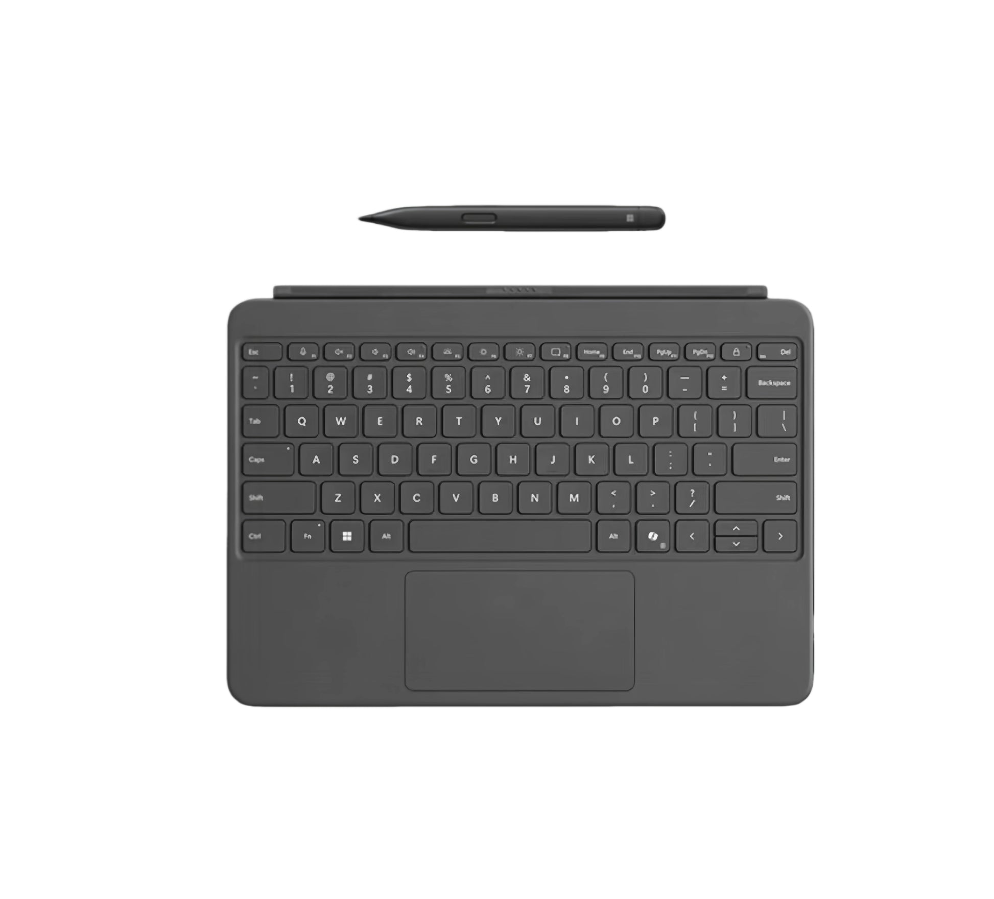 Front-facing shot of the black Microsoft Surface Pro 12-inch keyboard cover with a sleek design, full QWERTY layout, responsive trackpad, and included Slim Pen for enhanced digital writing and sketching.
