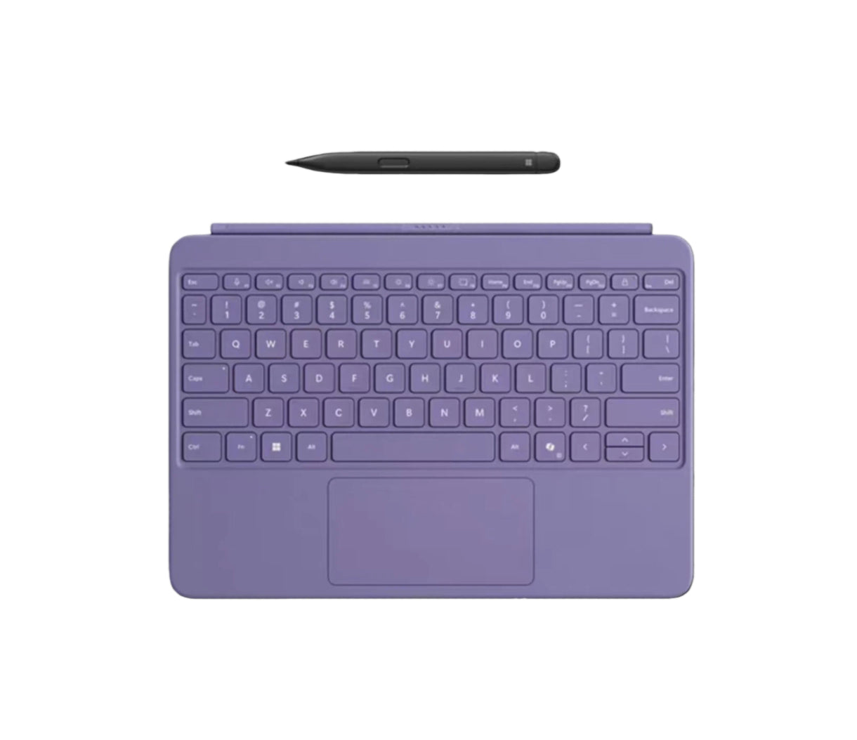 Top-down view of the purple Microsoft Surface Pro 12-inch keyboard cover, showcasing a stylish and modern design with full keyboard support, large trackpad, and compatible Slim Pen for creative professionals.