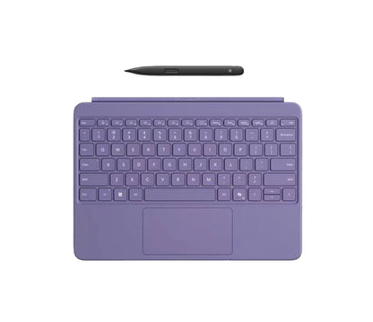Top-down view of the purple Microsoft Surface Pro 12-inch keyboard cover, showcasing a stylish and modern design with full keyboard support, large trackpad, and compatible Slim Pen for creative professionals.