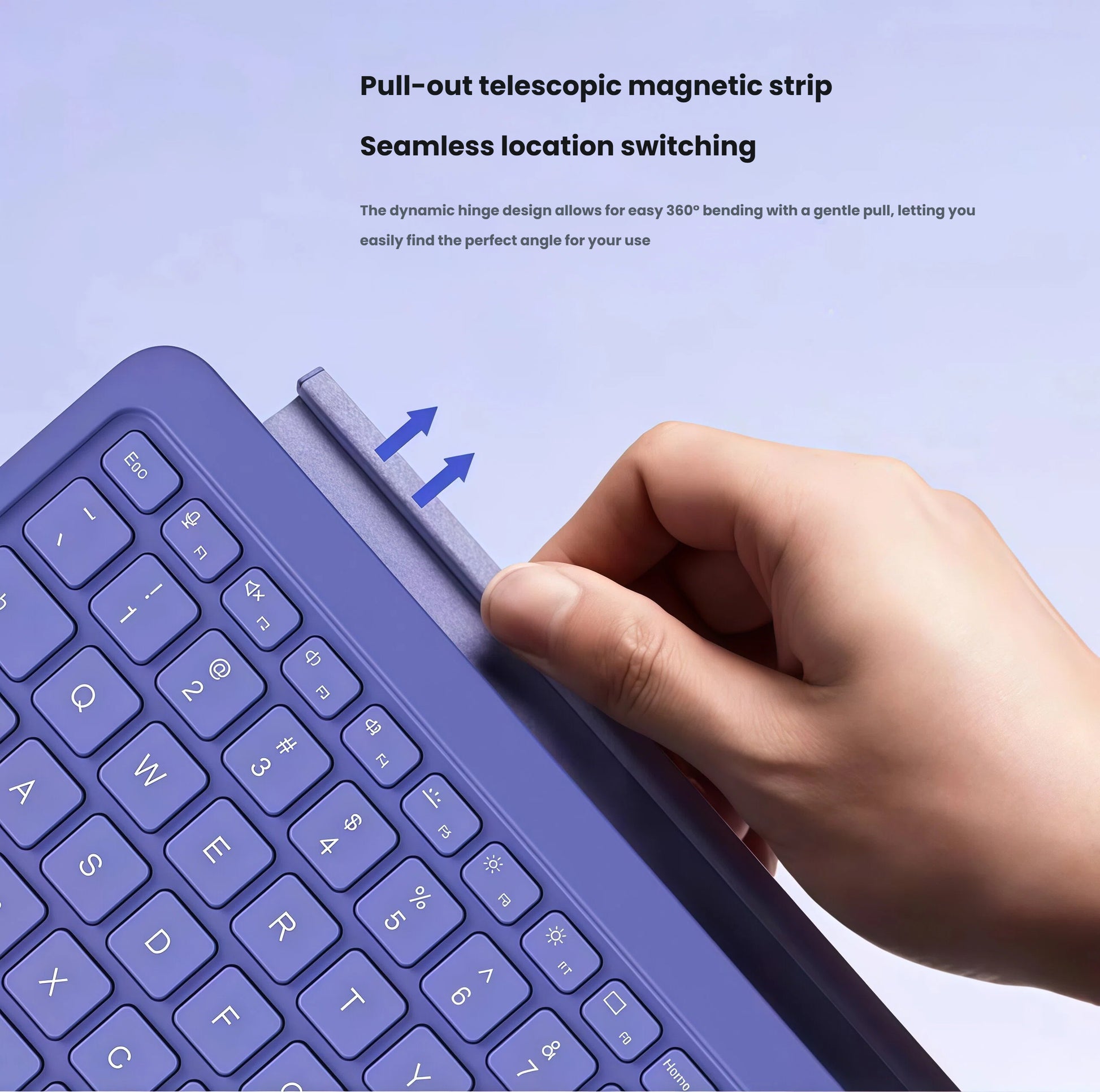 Demonstration of the pull-out telescopic magnetic strip on the Microsoft Surface Pro keyboard, allowing users to adjust the screen angle effortlessly with a gentle pull for optimal viewing and typing comfort.