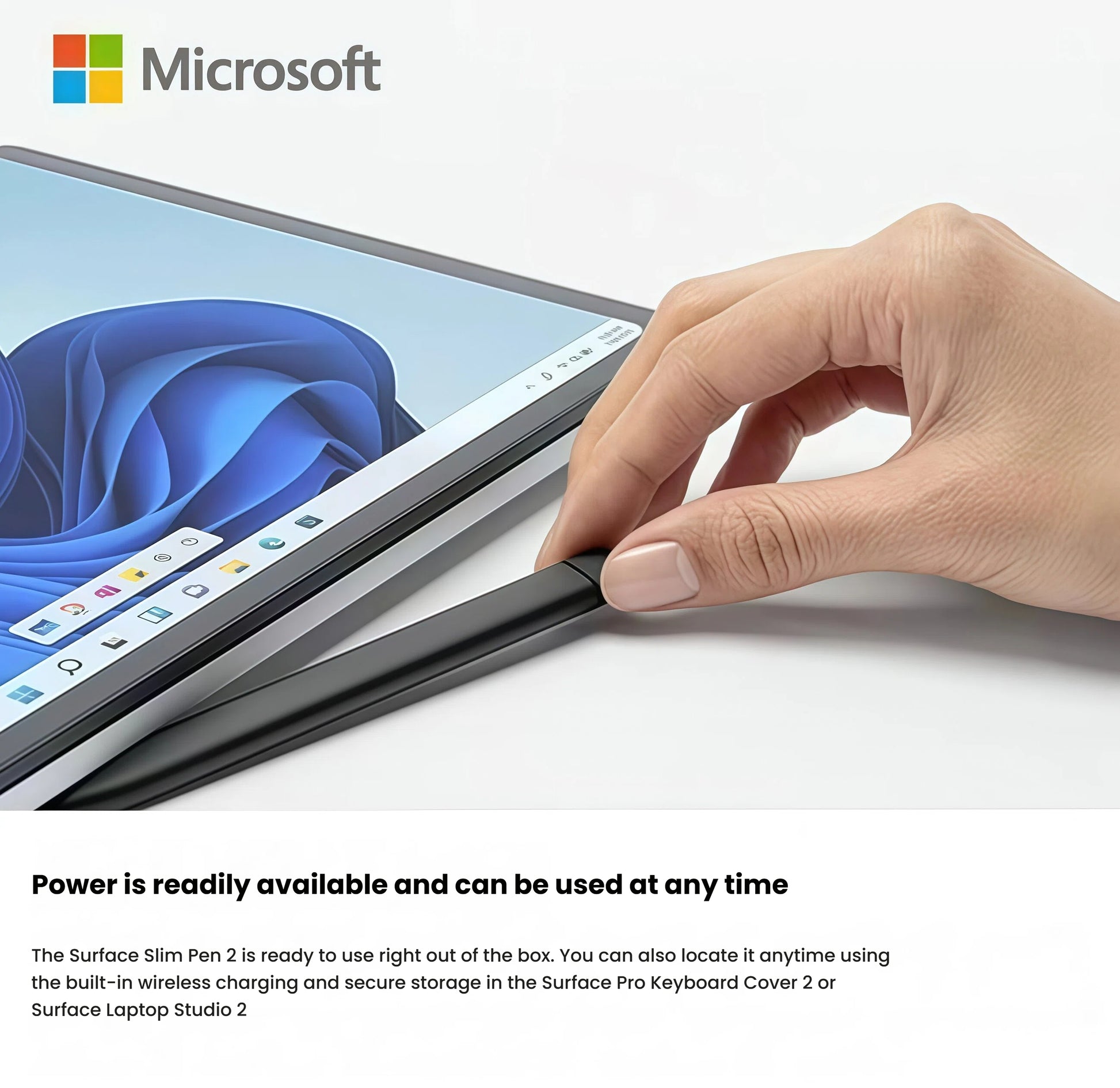 Hand inserting the Microsoft Surface Slim Pen 2 into the magnetic slot of the Surface Pro Keyboard Cover 2. The pen is ready to use out of the box and charges wirelessly when stored securely in compatible accessories.