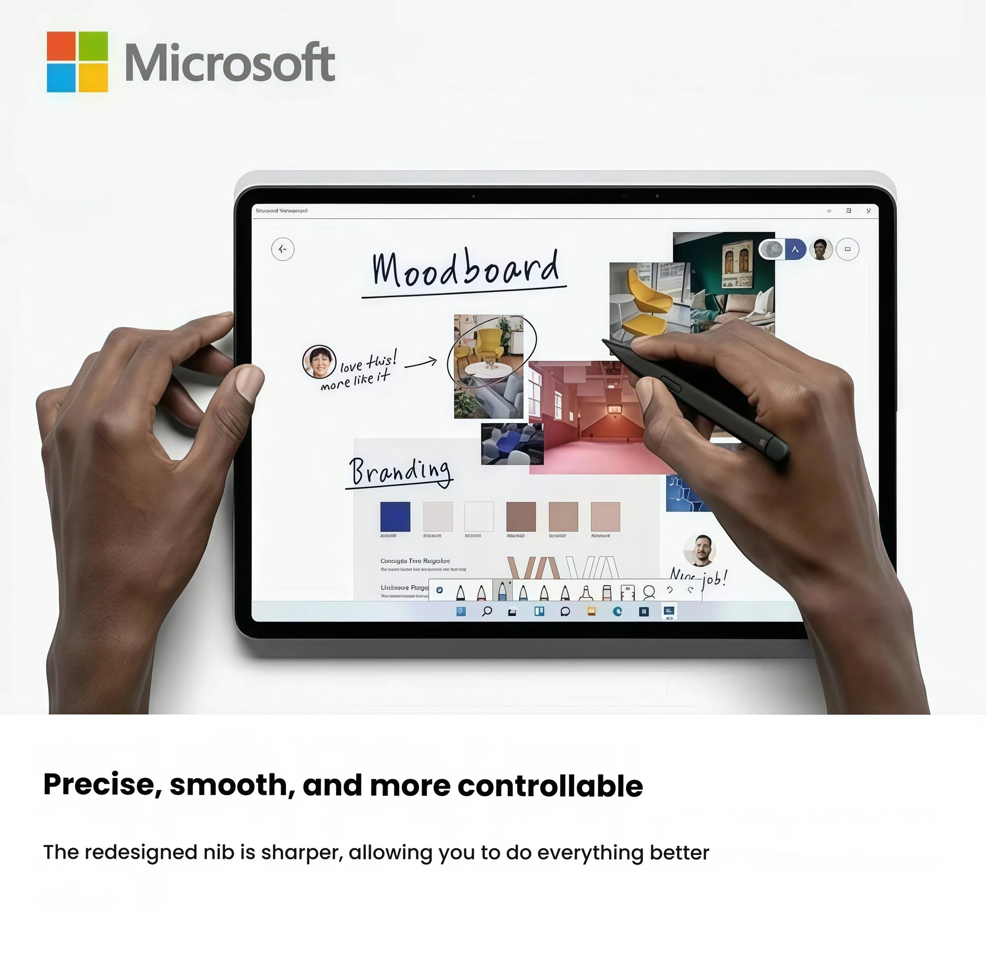 Hands using the Microsoft Surface Slim Pen 2 to annotate a digital moodboard on a Surface tablet. The redesigned nib offers smooth, accurate control for creative tasks like branding, design collaboration, and note-taking.
