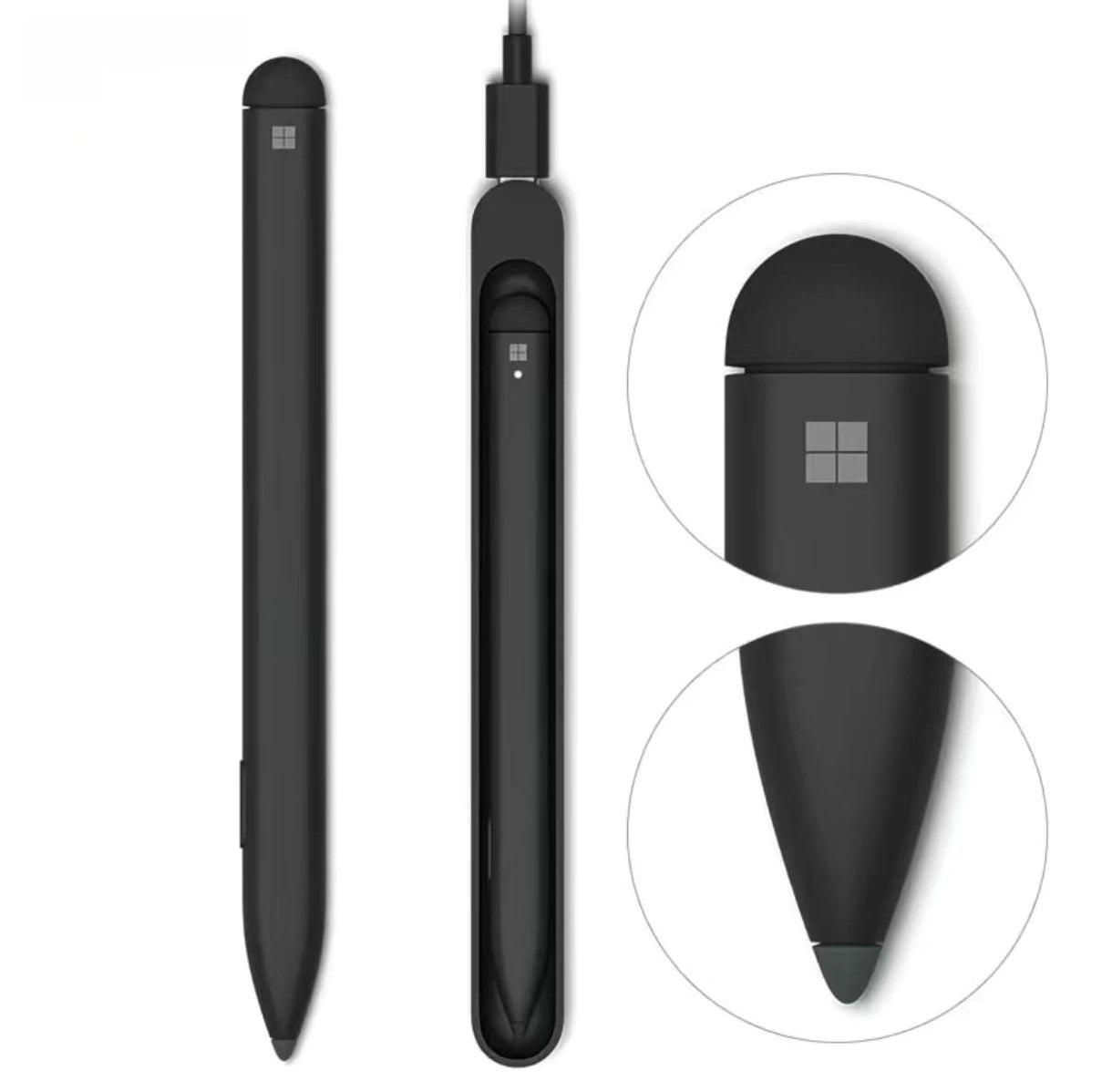 Top and side views of the Microsoft Surface Slim Pen 2 showcasing its slim profile, magnetic cap, and precision tip. Close-up highlights the Windows logo and fine-tipped nib designed for accurate digital input.