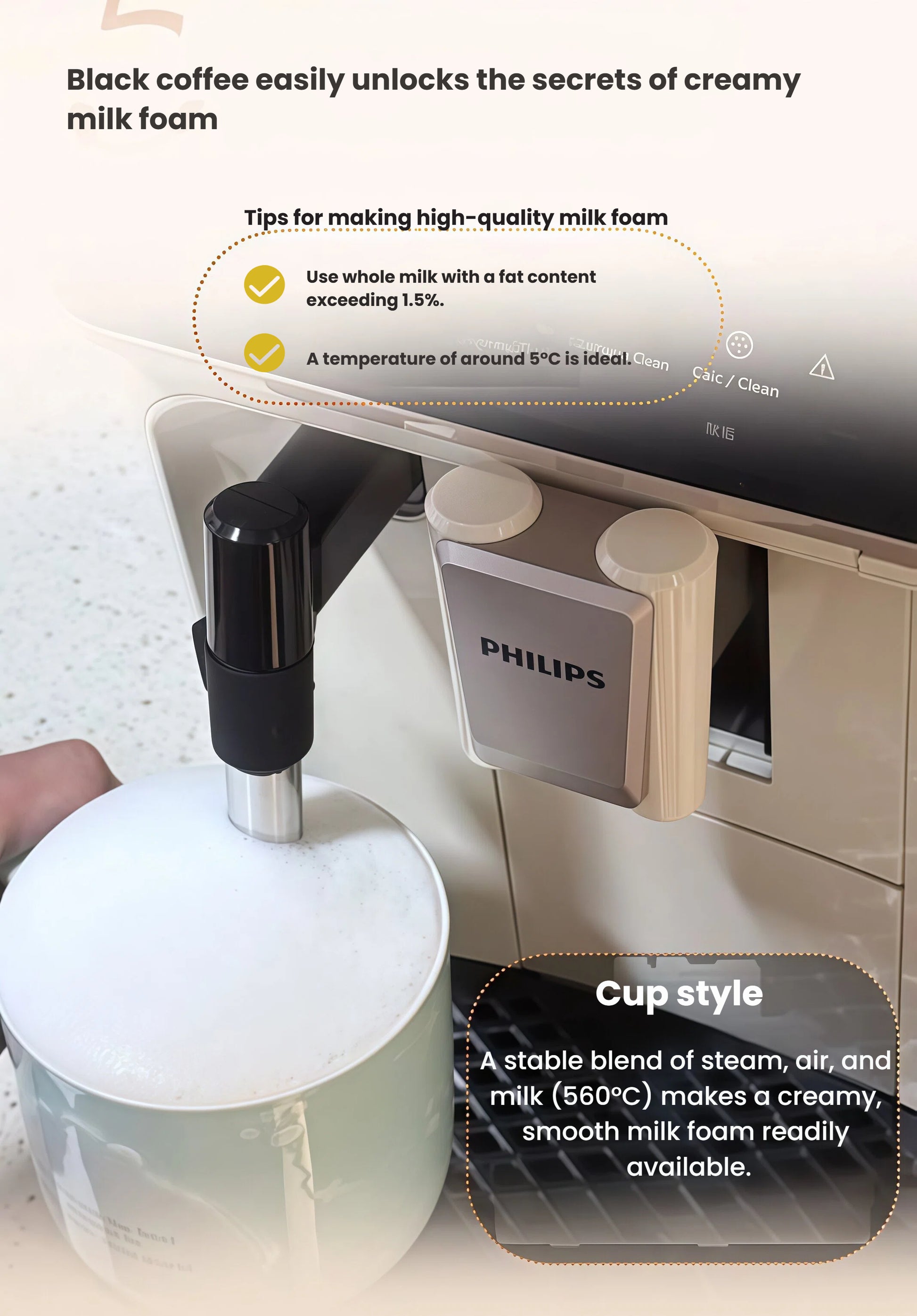 Step-by-step guide on how to make creamy milk foam using the Philips EP1221 espresso machine,emphasizing ideal milk fat content and temperature."