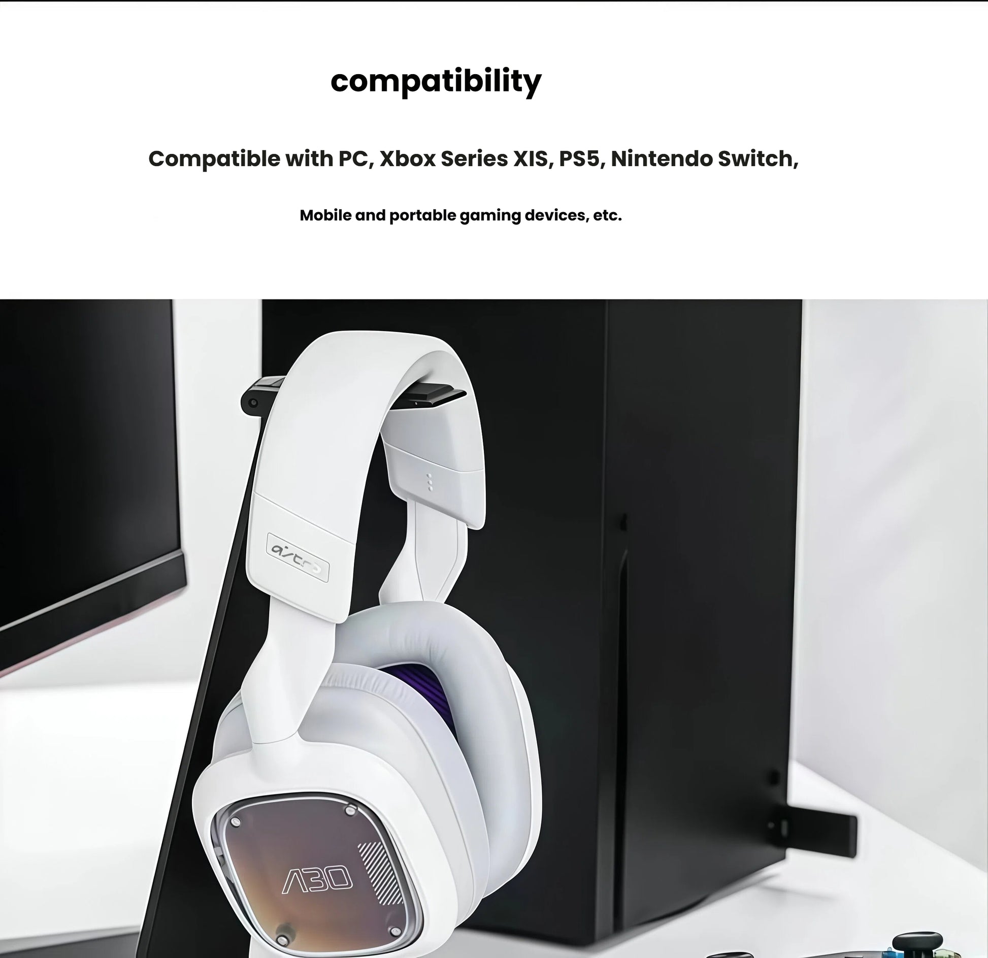The white ASTRO A30 resting against a black Xbox Series X console, illustrating seamless compatibility with major gaming systems.