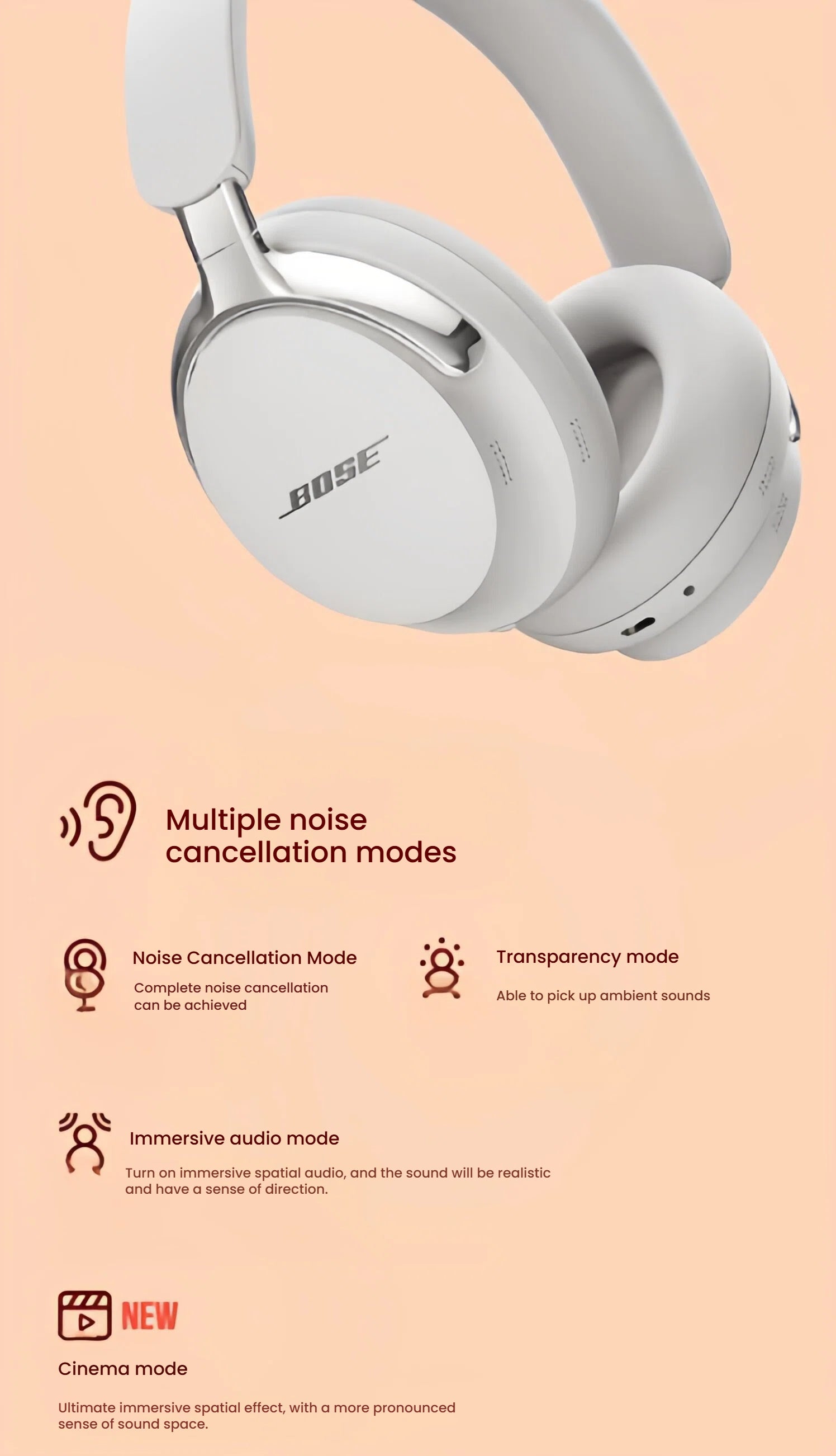  A detailed view of the Bose QC Ultra Headphones, outlining the multiple listening modes available, including full Noise Cancellation Mode, Transparency Mode for ambient sounds, and immersive Immersive Audio and Cinema modes.