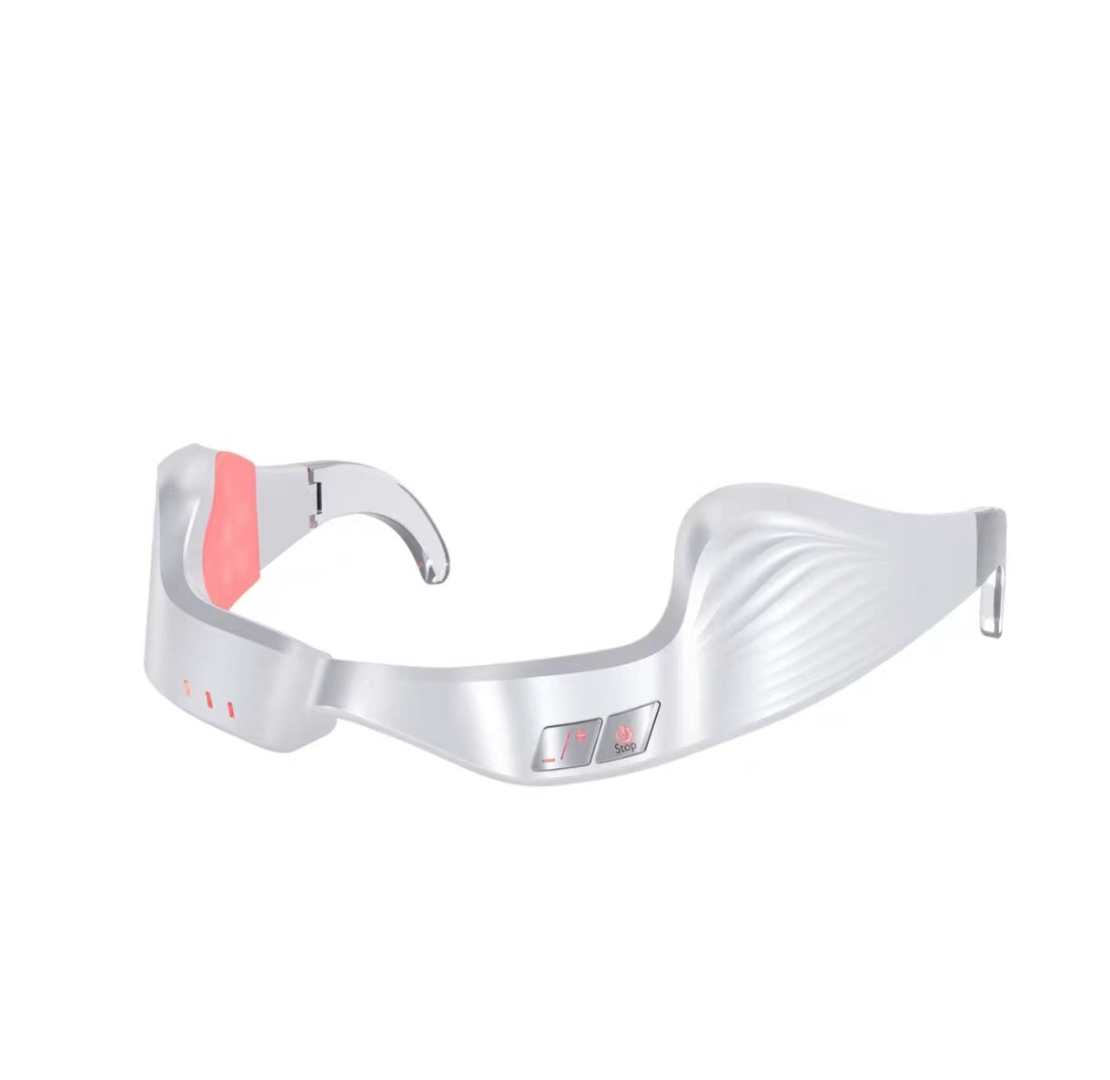 Front view of NNEOBA EMS microcurrent eye massager in white color featuring red LED indicators, adjustable intensity buttons, and ergonomic design for comfortable wear.