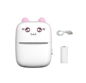 Front view of NNEOBA portable thermal mini printer in pink cat design. Features cute cartoon face, soft-touch finish, and included USB-C charging cable and 57mm thermal paper roll. Ideal for students and creative users.