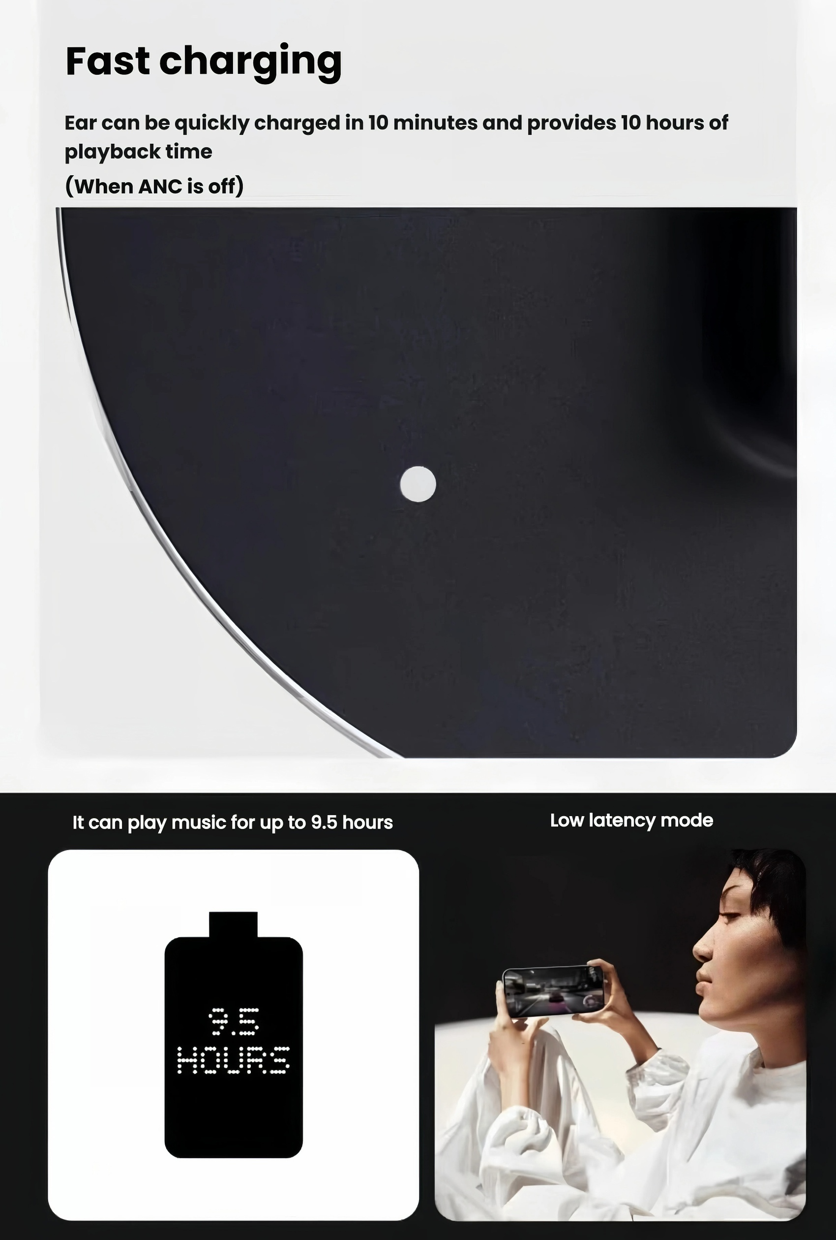 Feature graphic showing NOTHING Ear (a) fast charging capability: 10 minutes charge provides 10 hours of playback (ANC off), plus low latency mode support for gaming and video streaming.