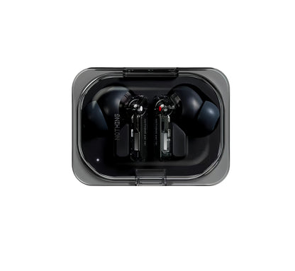 Top-down shot of black NOTHING Ear (a) earbuds in a transparent charging case, highlighting the sleek matte finish, transparent stem, and internal engineering for high-performance audio.