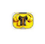 Top-down view of yellow NOTHING Ear (a) true wireless earbuds inside a transparent charging case, highlighting the iconic see-through design and internal components.