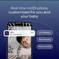 Smartphone notification from Nanit Pro baby monitor showing “Alex is standing up,” with customizable alerts for cry detection, baby standing, and child out of bed