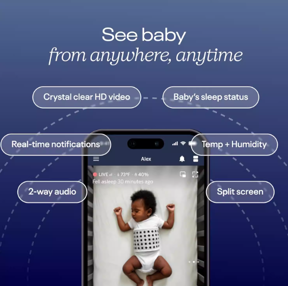 Nanit Pro baby monitor app interface highlighting key features: crystal clear HD video, baby's sleep status, temperature and humidity, two-way audio, split screen view