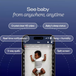 Nanit Pro baby monitor app interface highlighting key features: crystal clear HD video, baby's sleep status, temperature and humidity, two-way audio, split screen view