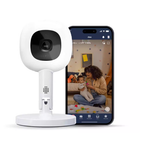 Nanit Pro smart baby monitor displaying live HD video feed on smartphone screen, showing parent playing with baby in nursery room