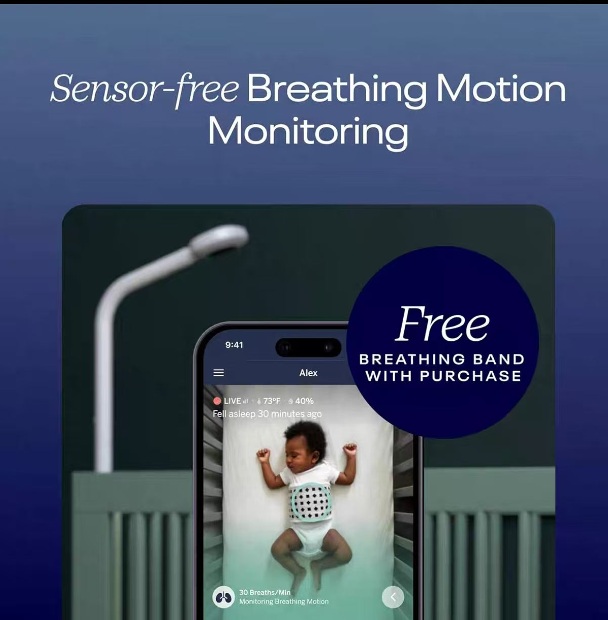 Smartphone screen showing Nanit Pro baby monitor app with real-time breathing motion detection, baby sleeping peacefully in crib wearing free breathing band