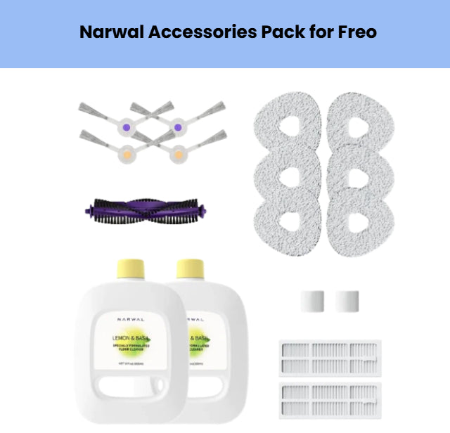 Narwal Freo accessories pack – includes 4 side brushes, 1 anti-tangle main roller brush, 8 washable mop pads, 2 HEPA filters, 2 dustbin caps, and 2 bottles of lemon & basil cleaning solution – complete replacement kit for robot vacuum maintenance