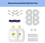 Narwal Freo accessories pack – includes 4 side brushes, 1 anti-tangle main roller brush, 8 washable mop pads, 2 HEPA filters, 2 dustbin caps, and 2 bottles of lemon & basil cleaning solution – complete replacement kit for robot vacuum maintenance