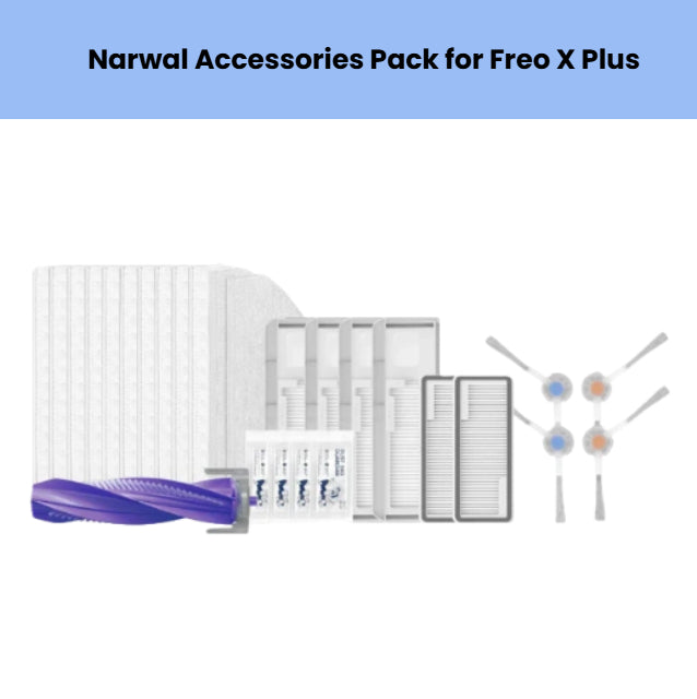 Narwal Freo X Plus accessories pack – includes 5 HEPA filters, 4 dust bags, 1 anti-tangle main roller brush, 2 side brushes, and 1 mop pad – premium replacement parts for robot vacuum maintenance