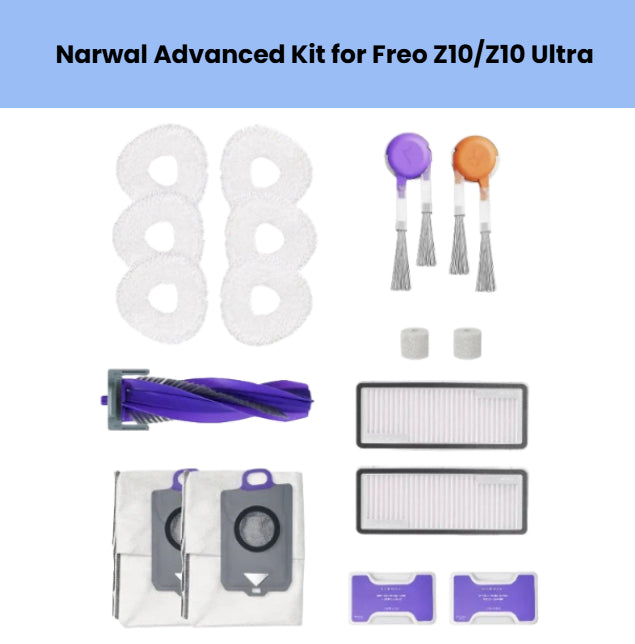 Narwal Freo Z10/Z10 Ultra advanced accessory kit – includes 8 mop pads, 2 side brushes, 1 main roller brush, 2 HEPA filters, 2 dust bags, and 2 filter caps – complete replacement parts set for robot vacuum