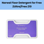 Front view of the Narwal Floor Detergent pod, a specially formulated cleaning solution designed for use with Freo ZUltra and Freo Z10 robotic vacuums. The white rectangular container features a purple label with "Lemon & Basil" scent branding and a net volume of 19.6 fl. oz. (580mL), highlighting its premium formula for safe, effective floor cleaning.
