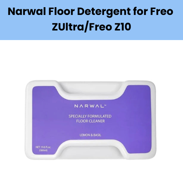 Front view of the Narwal Floor Detergent pod, a specially formulated cleaning solution designed for use with Freo ZUltra and Freo Z10 robotic vacuums. The white rectangular container features a purple label with "Lemon & Basil" scent branding and a net volume of 19.6 fl. oz. (580mL), highlighting its premium formula for safe, effective floor cleaning.
