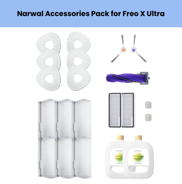 Narwal Freo X Ultra Accessories Pack – Includes 8 Mopping Pads, 2 Main Brushes, 1 Side Brush, 2 HEPA Filters, 6 Dust Bags, 2 Cleaning Solution Bottles & Filter Caps