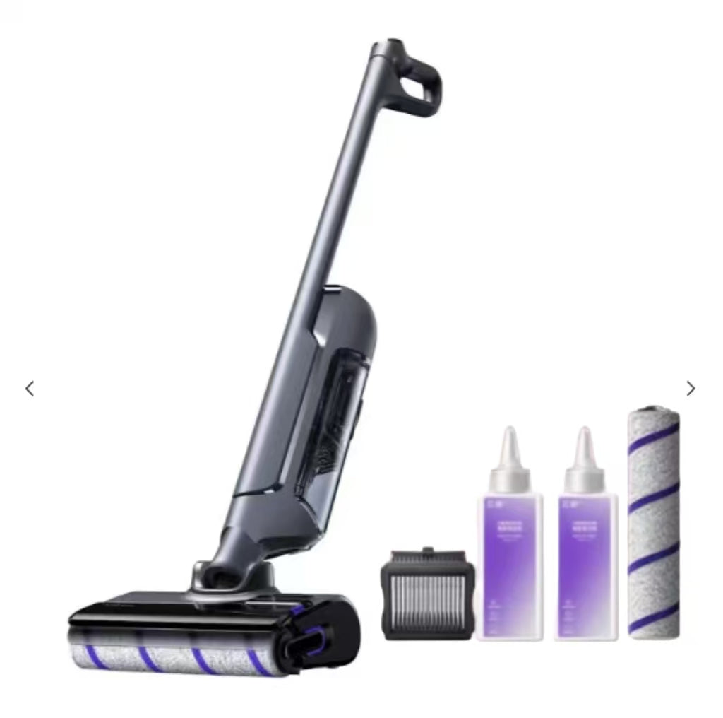 The complete Narwal S20 Pro cordless vacuum and mop package, showing the main unit alongside its included accessories: two bottles of cleaning solution, a spare roller brush, and an extra filter.