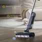 The Narwal S20 Pro floor cleaner in a home setting with a small white dog, demonstrating its powerful sanitizing capabilities with on-screen text indicating a 99.99% bacterial and viral elimination rate for a hygienic clean.
