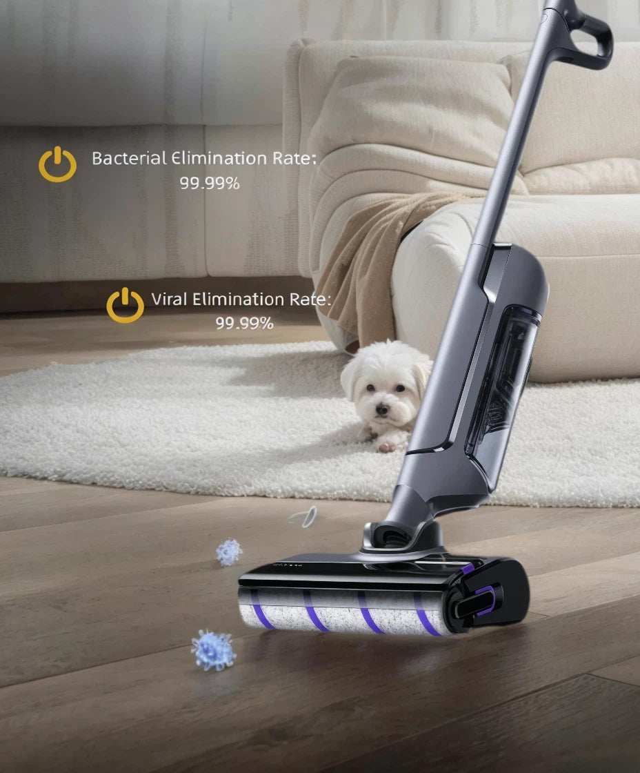 The Narwal S20 Pro floor cleaner in a home setting with a small white dog, demonstrating its powerful sanitizing capabilities with on-screen text indicating a 99.99% bacterial and viral elimination rate for a hygienic clean.
