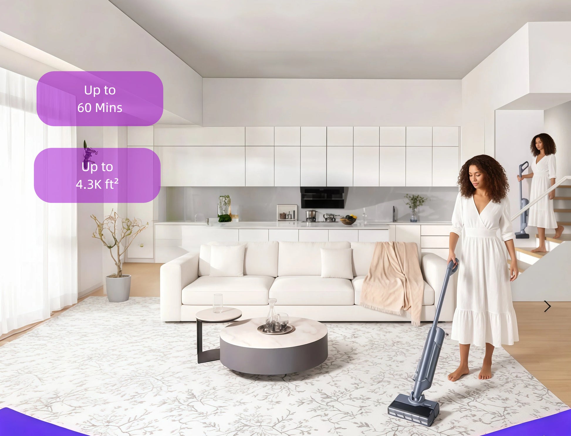 A woman using the Narwal S20 Pro cordless vacuum effortlessly in a spacious, modern living room and kitchen area. Text highlights its long battery life of up to 60 minutes and its capability to clean large areas up to 4,300 square feet on a single charge.