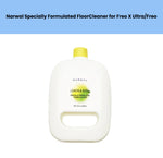 Front view of the Narwal Specially Formulated Floor Cleaner bottle, a 300mL (10.1 fl. oz.) cleaning solution designed for use with Freo X Ultra and Freo robotic vacuums. The white bottle features a yellow cap and minimalist label with "Lemon & Basil" scent branding, highlighting its safe, effective formula for hardwood, tile, and laminate floors.
